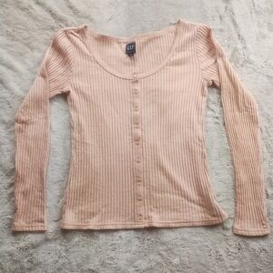 GAP Long Sleeve Pointelle Button Up Shirt Women's Medium Buff Pink